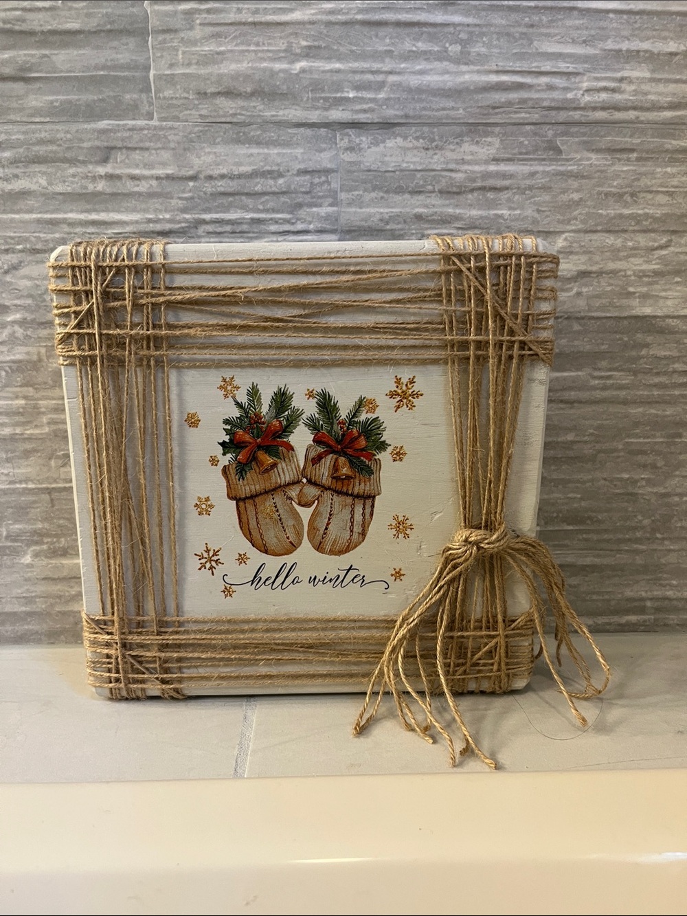 Rustic Beige 'Hello Winter' Holiday Table Art